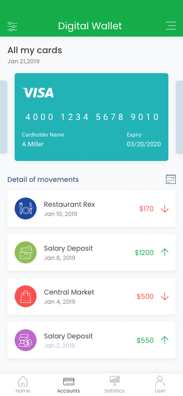 A digital wallet app screen showing a VISA card, recent transactions including restaurants, salary deposits, and market purchases with dates and amounts.