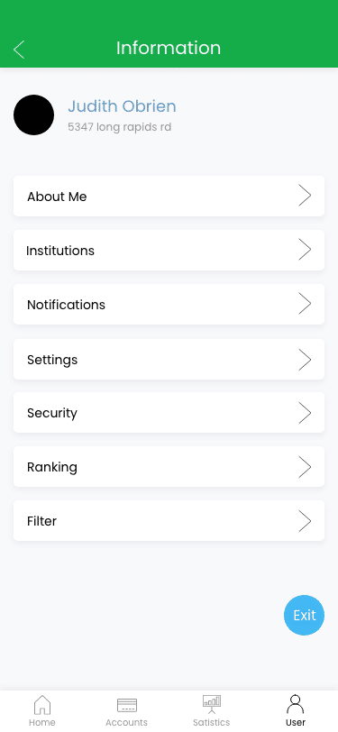 Mobile app user profile screen showing account options such as About Me, Institutions, Notifications, Settings, Security, Ranking, Filter, and an Exit button.