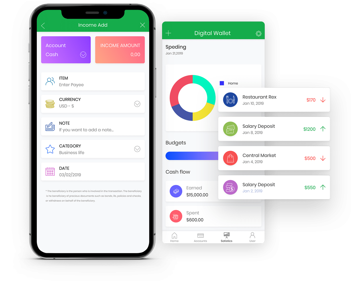 Two smartphone screens show a personal finance app interface with options to add income and view recent transactions, budgets, and cash flow statistics.
