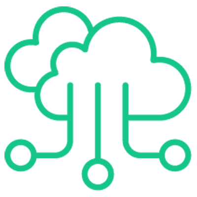 Green outline of two overlapping clouds with three lines extending downward, each ending in a circle, representing cloud computing or digital connectivity.
