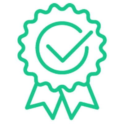 Green outline of an award ribbon with a check mark inside a circular badge, representing certification or approval.