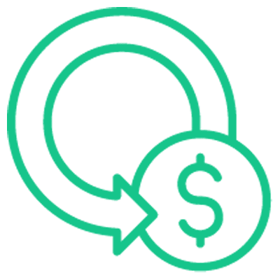 Green outline of a circular arrow looping around a dollar sign, representing money circulation, financial transactions, or recurring payments.