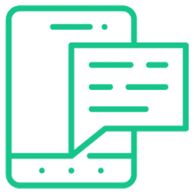 Green line drawing of a smartphone with a large speech bubble containing horizontal lines representing text, indicating a messaging or chat app.