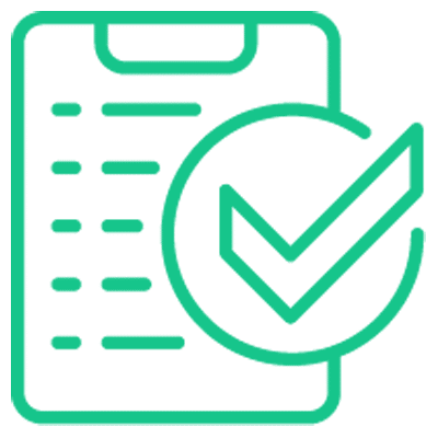 Green outline of a clipboard with a checklist and a large checkmark symbol overlapping the clipboard, indicating completion or approval.