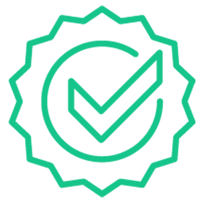Green outlined checkmark inside a jagged-edged circular badge, symbolizing approval or certification, on a plain white background.