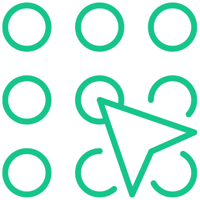 A grid of green circles with a large green cursor selecting a circle near the center; some circles are partially open.