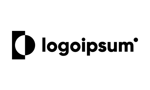 Black "logoipsum" text with a stylized black and white circular graphic on the left and a small solid circle at the end, all on a light gray background.
