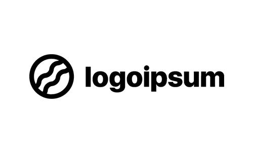 Black circular logo with three wavy lines inside, next to the word "logoipsum" in bold black text on a light gray background.