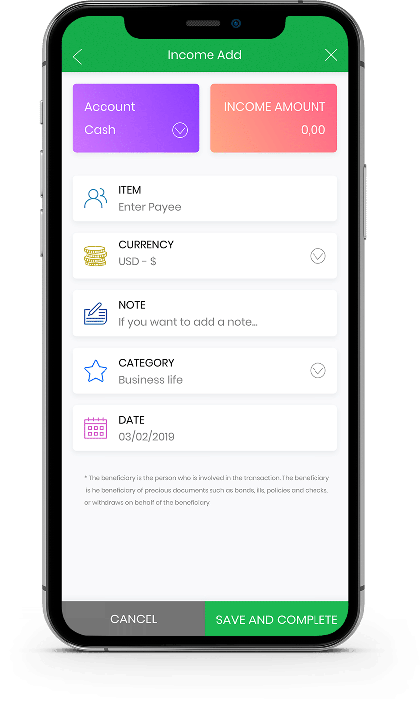 A smartphone screen displays an income entry form with fields for account, amount, item, currency, note, category, and date, with "Save and Complete" and "Cancel" buttons at the bottom.